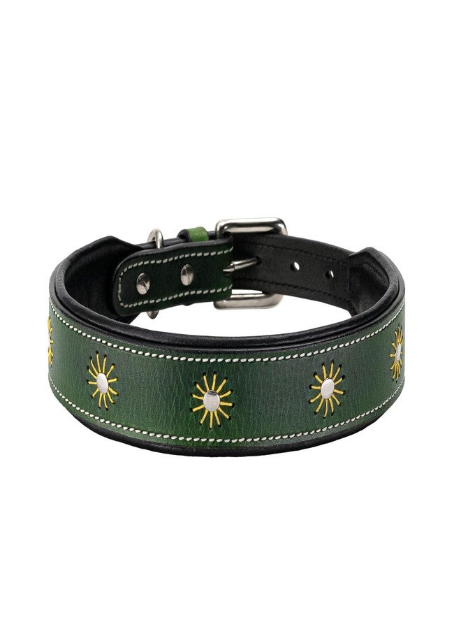 ADIL'S Adil’S Leather Dog Collar Thread Flower Design 1.5 in Width Adjustable Collars for Small Medium & Large Dogs, Genuine Leather with Strong Metal Buckle. (Green, M(16''-20'')) - Image 1